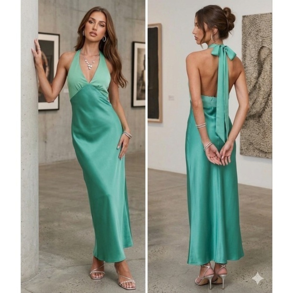 Princess Polly Annalia Scarf Teal Satin Halter Neck Maxi Dress Two Tone 4
